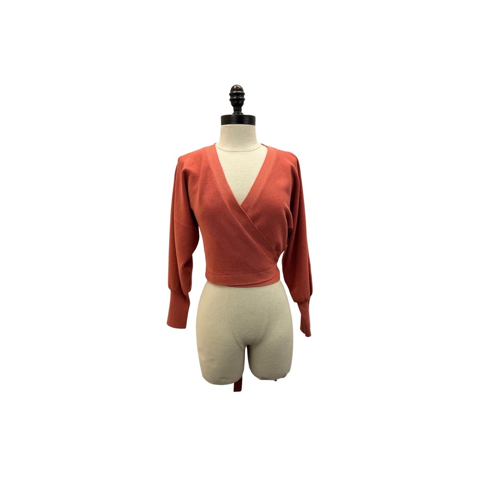 ba&sh‎ Lady Cardigan Women's Size S Rust Orange Wrap Front Puff Sleeve Knit